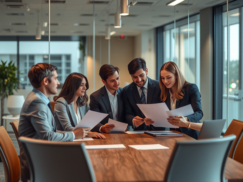 Nhóm chuyên gia đang thảo luận về tài liệu tại bàn họp trong văn phòng hiện đại, ánh sáng ấm áp tạo không gian chuyên nghiệp