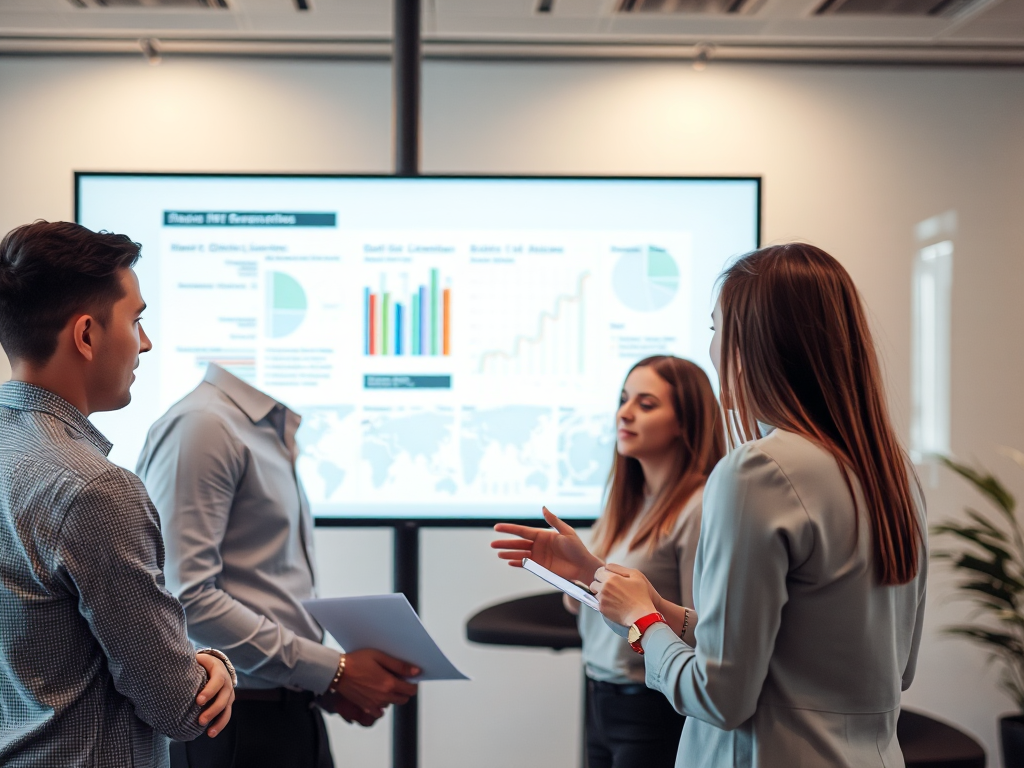 Nhóm chuyên gia đang xem xét tài liệu số trên màn hình lớn trong văn phòng hiện đại, minh họa quy trình chứng minh online trong mua hóa đơn đỏ