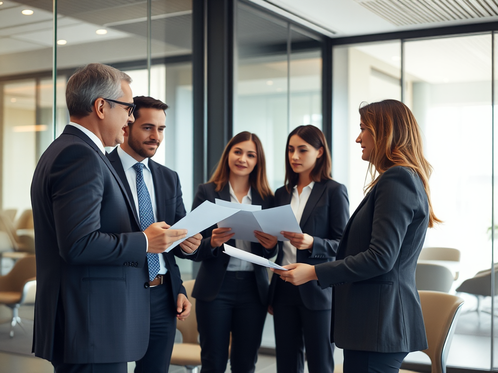 Nhóm chuyên gia pháp lý thảo luận tài liệu trong phòng họp hiện đại, ánh sáng tự nhiên dịu nhẹ, không khí chuyên nghiệp và trang trọng