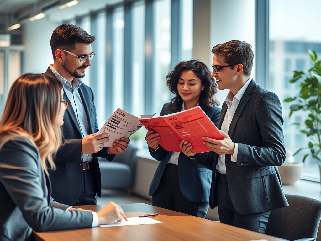 Nhóm chuyên gia pháp lý và kế toán thảo luận về quy định mới 2026 liên quan đến đại diện pháp luật trong giao dịch hóa đơn đỏ tại văn phòng hiện đại với ánh sáng tự nhiên