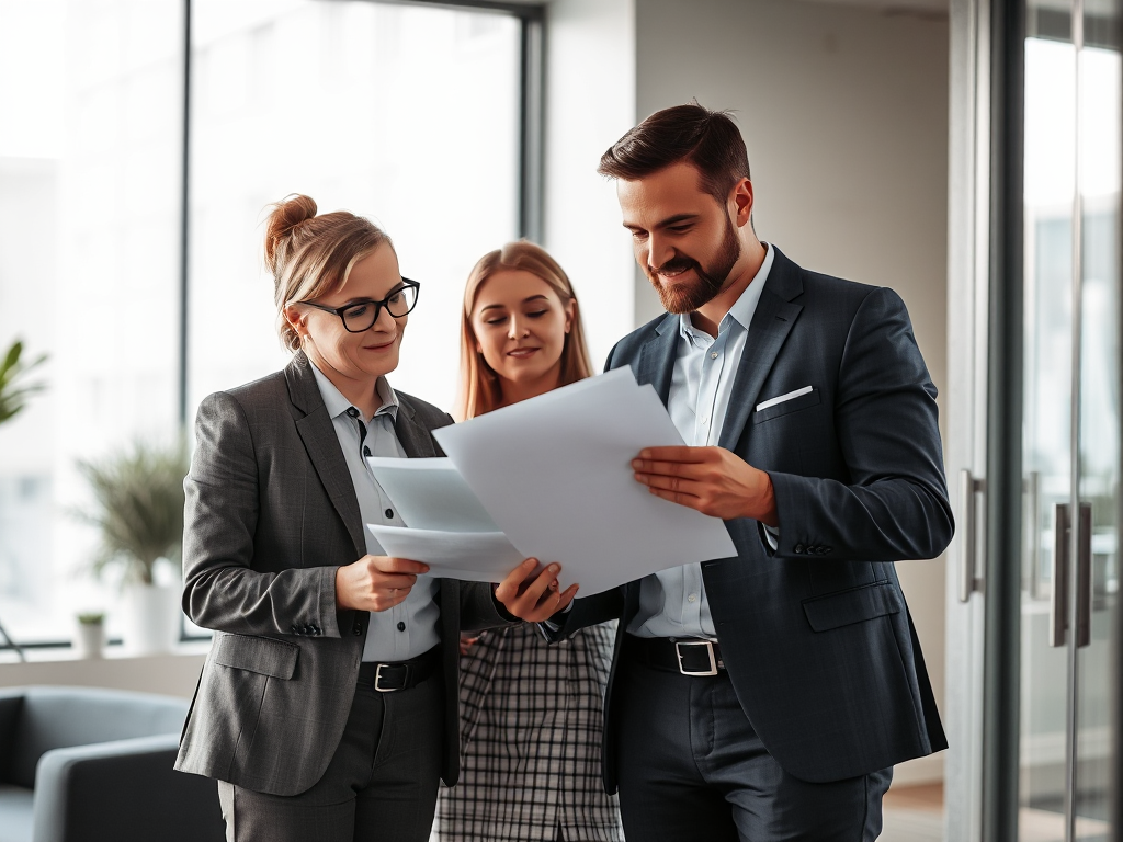 Nhóm chuyên gia pháp lý xem xét tài liệu hợp đồng trong văn phòng hiện đại, ánh sáng tự nhiên nhẹ nhàng tạo không gian làm việc chuyên nghiệp