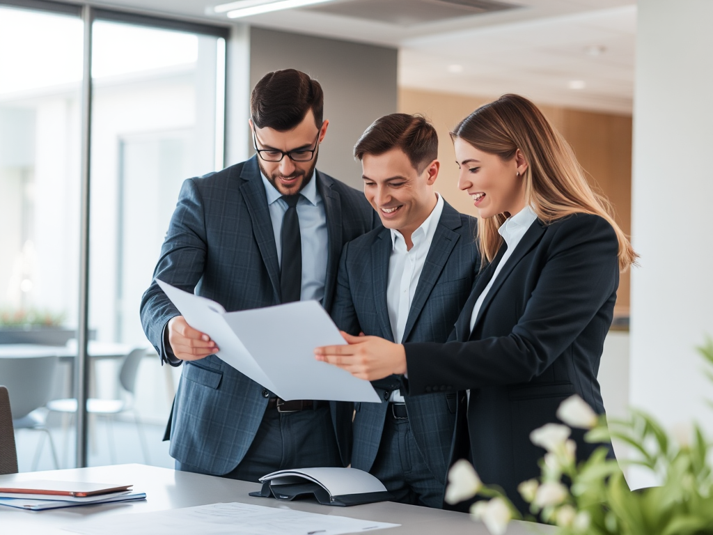 Nhóm chuyên gia pháp lý xem xét tài liệu mua bán nhà đất trong văn phòng hiện đại với ánh sáng tự nhiên dịu nhẹ