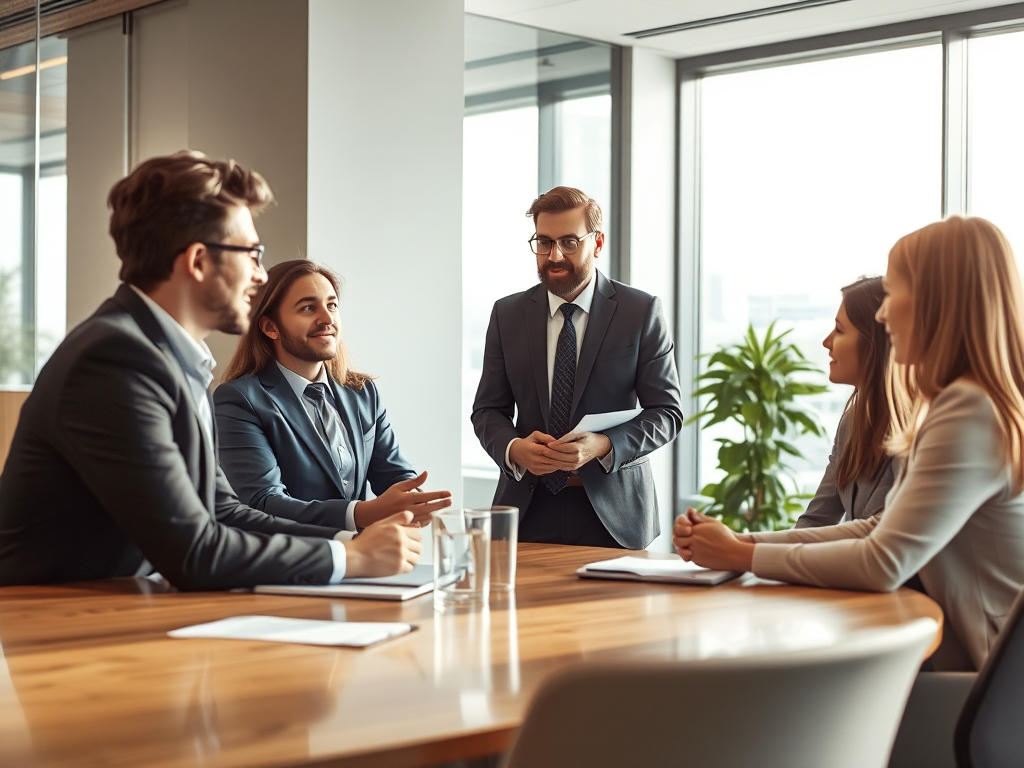 Nhóm chuyên gia thảo luận trong văn phòng hiện đại với ánh sáng tự nhiên, tập trung vào công việc đại diện pháp luật