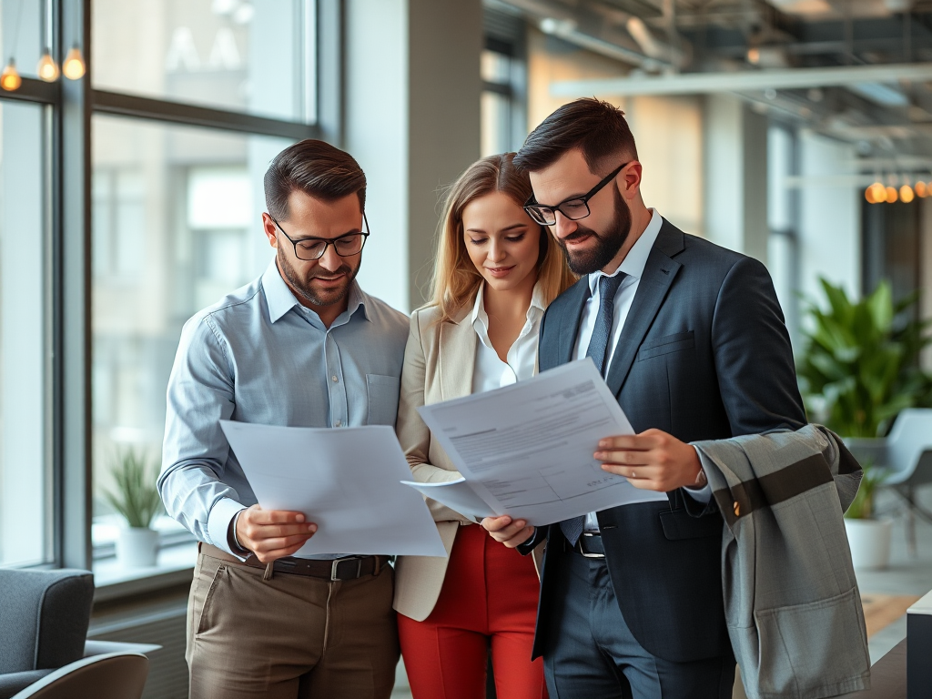 Nhóm chuyên gia xem xét hồ sơ và biểu mẫu điện tử trong văn phòng hiện đại, ánh sáng tự nhiên dịu nhẹ, phong cách nhiếp ảnh doanh nghiệp