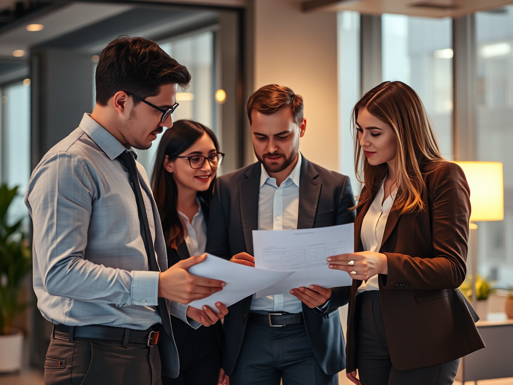 Nhóm doanh nhân thảo luận tài liệu kinh doanh trong văn phòng hiện đại với ánh sáng ấm áp, tạo không khí chuyên nghiệp và hợp tác