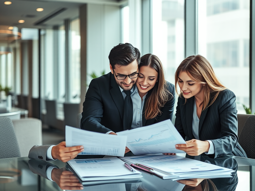 Nhóm doanh nhân xem xét tài liệu tài chính trong văn phòng hiện đại, ánh sáng tự nhiên nhẹ nhàng tạo không gian chuyên nghiệp