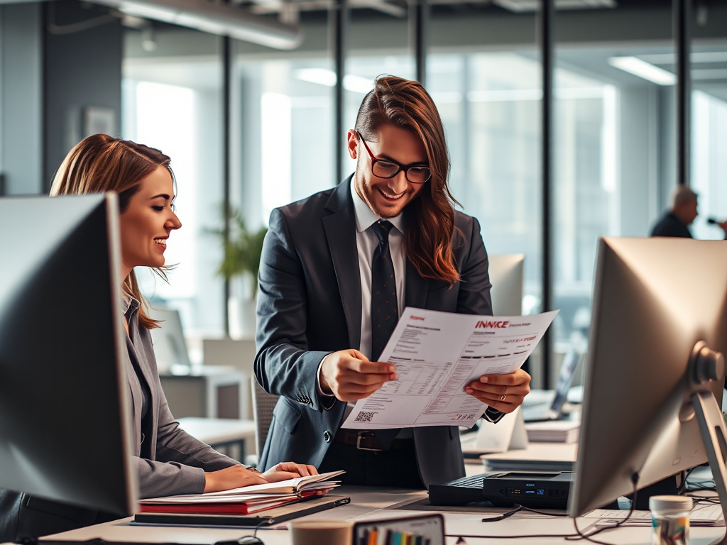 Nhóm kế toán chuyên nghiệp xử lý hóa đơn đỏ trong văn phòng hiện đại, ánh sáng tự nhiên, không gian làm việc ngăn nắp với máy tính và tài liệu, chụp ảnh doanh nghiệp