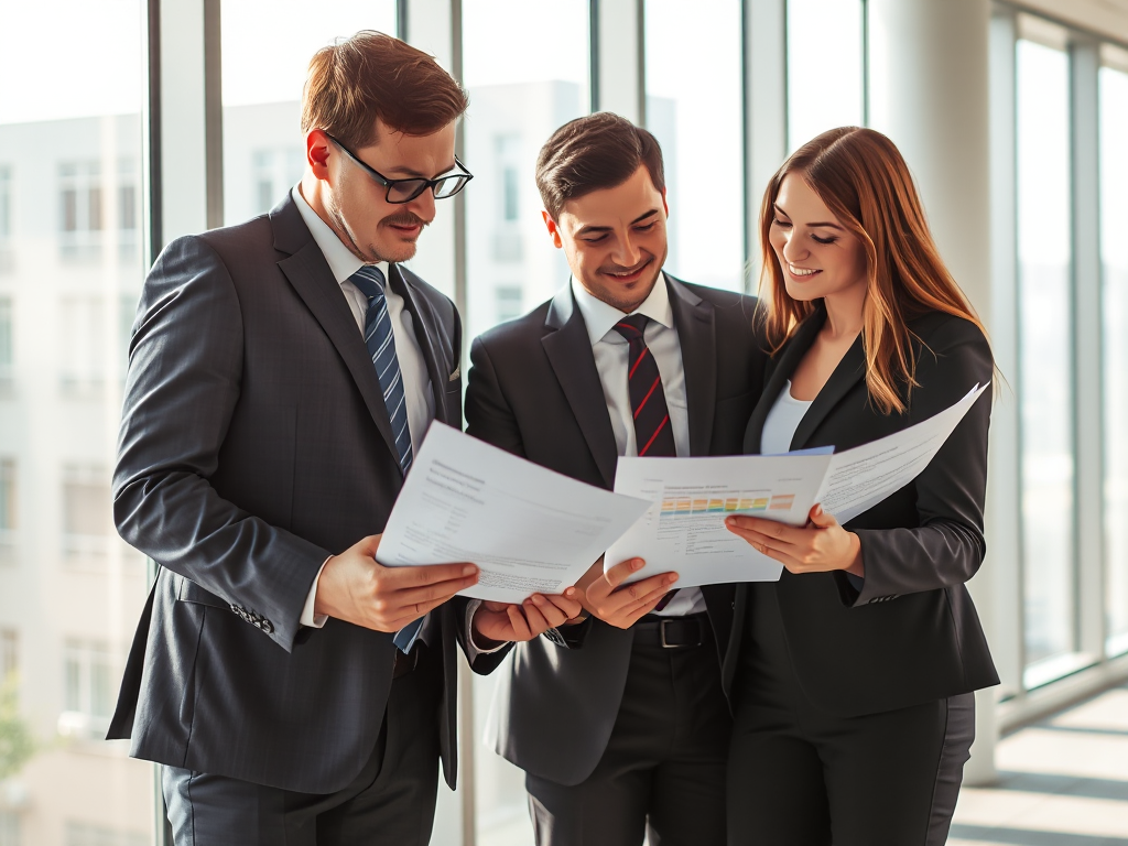 Nhóm nhân viên đang xem xét hóa đơn tài chính trong văn phòng hiện đại với ánh sáng tự nhiên, môi trường làm việc chuyên nghiệp và trang nhã