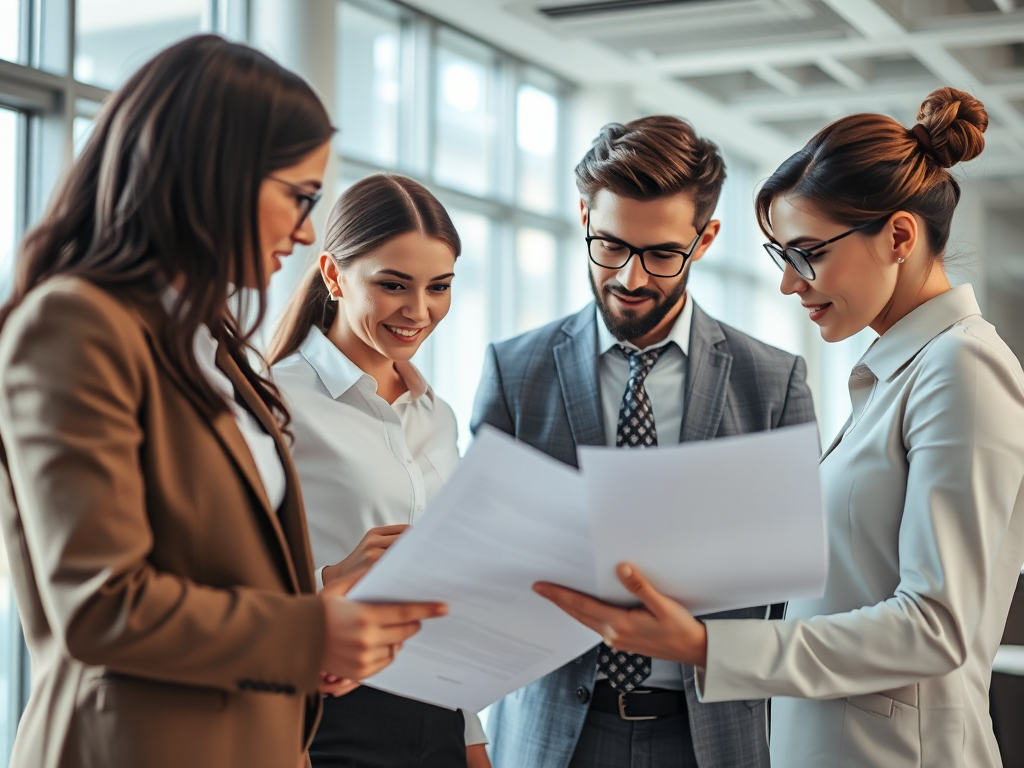 Nhóm nhân viên văn phòng đang xem xét tài liệu hợp đồng kinh doanh trong không gian làm việc hiện đại với ánh sáng tự nhiên