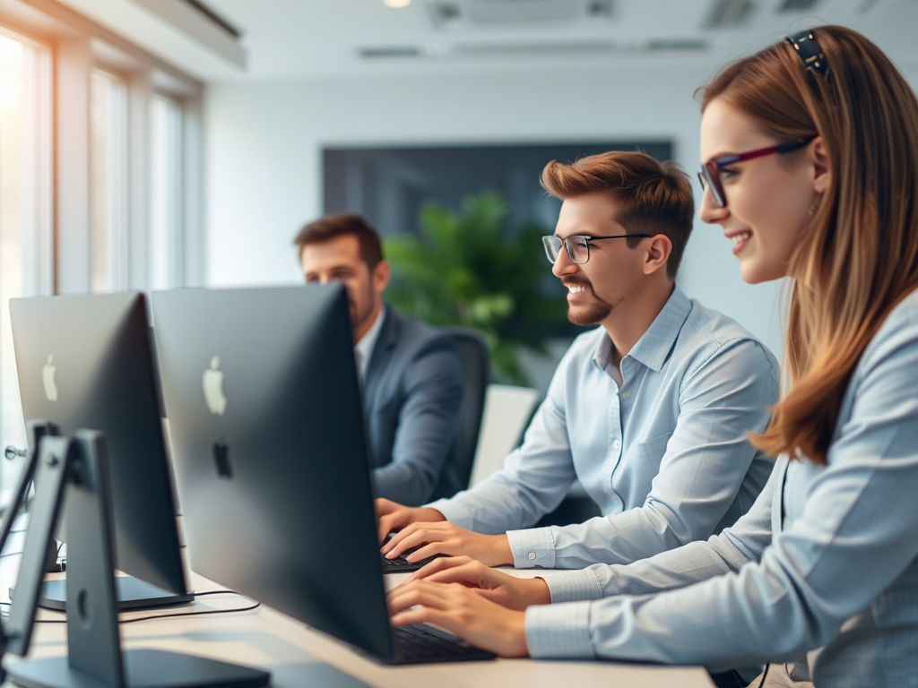 Nhóm nhân viên văn phòng làm việc với hóa đơn điện tử trên máy tính, môi trường chuyên nghiệp hiện đại với ánh sáng tự nhiên dịu nhẹ