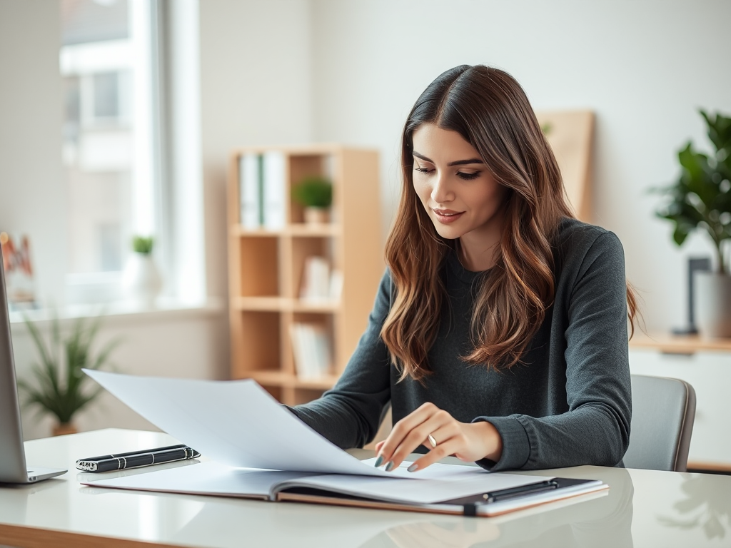 Phụ nữ trẻ đang xem xét tài liệu chính thức tại bàn làm việc, ánh sáng tự nhiên, không gian văn phòng gia đình hiện đại, chụp ảnh chân dung chuyên nghiệp