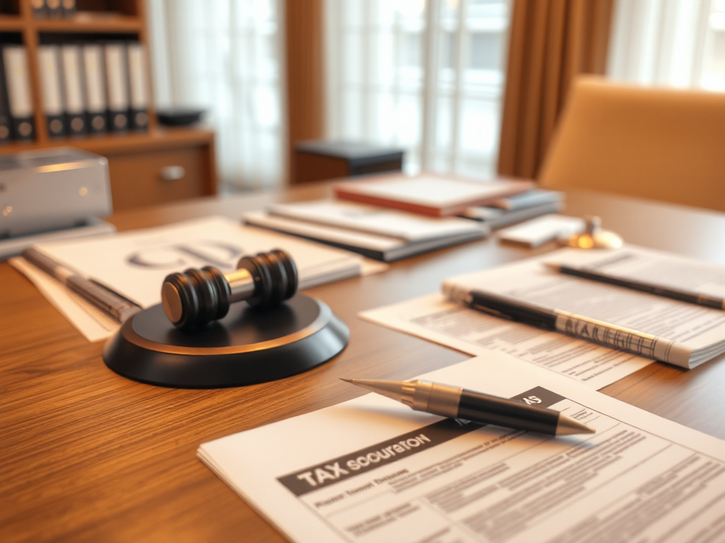 Tài liệu pháp lý và biểu mẫu thuế được sắp xếp trên bàn gỗ trong văn phòng chuyên nghiệp, tạo cảm giác nghiêm túc và uy tín về quy định pháp lý mua hóa đơn đỏ.