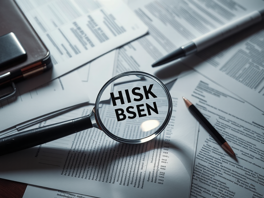 Tài liệu pháp lý và hợp đồng rải rác trên bàn làm việc, kính lúp phát hiện rủi ro ẩn, ánh sáng văn phòng mờ, không khí nghiêm túc về mua hóa đơn đỏ không có hợp đồng