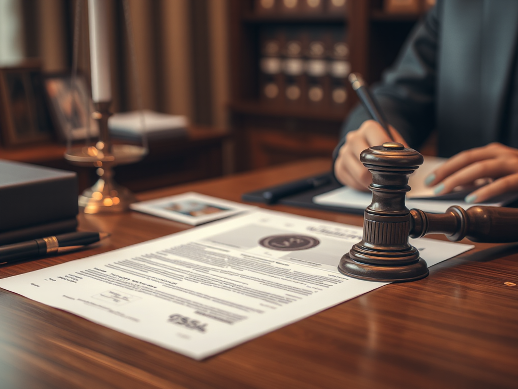 Văn phòng công chứng chuyên nghiệp với tài liệu, con dấu và giấy tờ pháp lý trên bàn gỗ, ánh sáng ấm áp, phong cách nhiếp ảnh chân thực